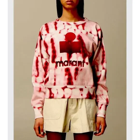Isabel Etoile Marant Red Pink Tie Dye Velour Graphic Logo Long Sleeve Sweatshirt - Picture 3 of 13